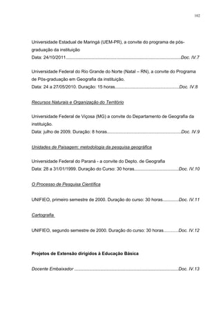 102
Universidade Estadual de Maringá (UEM-PR), a convite do programa de pós-
graduação da instituição
Data: 24/10/2011.............................................................................................Doc. IV.7
Universidade Federal do Rio Grande do Norte (Natal – RN), a convite do Programa
de Pós-graduação em Geografia da instituição.
Data: 24 a 27/05/2010. Duração: 15 horas....................................................Doc. IV.8
Recursos Naturais e Organização do Território
Universidade Federal de Viçosa (MG) a convite do Departamento de Geografia da
instituição.
Data: julho de 2009. Duração: 8 horas............................................................Doc. IV.9
Unidades de Paisagem: metodologia da pesquisa geográfica
Universidade Federal do Paraná - a convite do Depto. de Geografia
Data: 28 a 31/01/1999. Duração do Curso: 30 horas....................................Doc. IV.10
O Processo de Pesquisa Científica
UNIFIEO, primeiro semestre de 2000. Duração do curso: 30 horas.............Doc. IV.11
Cartografia
UNIFIEO, segundo semestre de 2000. Duração do curso: 30 horas............Doc. IV.12
Projetos de Extensão dirigidos à Educação Básica
Docente Embaixador ....................................................................................Doc. IV.13
 