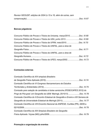 111
Revisor GEOUSP, edições de 2004 (n.15 e 16, além de outras, sem
comprovação)................................................................................................Doc. IV.67
Bancas julgadoras
Concurso Público de Provas e Títulos da Unicamp, março/2015.................Doc. IV.68
Concurso Público de Provas e Títulos da UEA, junho 2013.........................Doc. IV.69
Concurso Público de Provas e Títulos da UFRN, maio/2010.......................Doc. IV.70
Concurso Público de Provas e Títulos da UNIFAL, para a área de
Geografia Física............................................................................................Doc. IV.71
Concurso Público de Provas e Títulos da UNIFAL, para a área de
Geografia Humana........................................................................................Doc. IV.72
Concurso Público de Provas e Títulos da UFES, março/2002......................Doc. IV.73
Comissões externas
Comissão Científica do XVI simpósio Brasileiro
de Geografia Física Aplicada (2015).............................................................Doc. IV.74
Comissão Científica do VI Congreso Iberoamericano de Estudios
Territoriales y Ambientales (2014).................................................................Doc. IV.75
Comissão para seleção de candidatos à bolsa sanduíche (PDSE/CAPES 2012) do
Progr.de Pós-grad. em Geografia da UEM. Maringá, 25/10/12.....................Doc. IV.76
Comissão Científica do II Encontro Estadual de Geografia e Ensino e XX Semana de
Geografia da Universidade Estadual de Maringá (2011)...............................Doc. IV.77
Comissão Científica do VIII Encontro Nacional da ANPEGE, Curitiba (PR), 28/09 a
02/10/2009.....................................................................................................Doc. IV.78
Comissão Científica do XIII Simpósio Brasileiro de Geografia
Física Aplicada. Viçosa (MG) julho/2009.......................................................Doc. IV.79
Promoção e organização de eventos
 