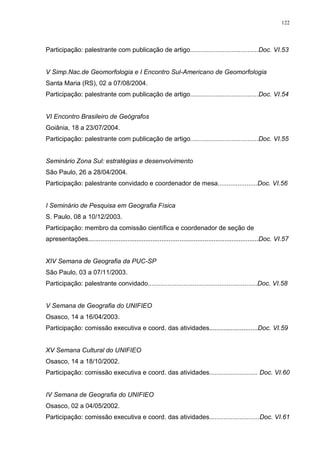 122
Participação: palestrante com publicação de artigo......................................Doc. VI.53
V Simp.Nac.de Geomorfologia e I Encontro Sul-Americano de Geomorfologia
Santa Maria (RS), 02 a 07/08/2004.
Participação: palestrante com publicação de artigo......................................Doc. VI.54
VI Encontro Brasileiro de Geógrafos
Goiânia, 18 a 23/07/2004.
Participação: palestrante com publicação de artigo......................................Doc. VI.55
Seminário Zona Sul: estratégias e desenvolvimento
São Paulo, 26 a 28/04/2004.
Participação: palestrante convidado e coordenador de mesa......................Doc. VI.56
I Seminário de Pesquisa em Geografia Física
S. Paulo, 08 a 10/12/2003.
Participação: membro da comissão científica e coordenador de seção de
apresentações...............................................................................................Doc. VI.57
XIV Semana de Geografia da PUC-SP
São Paulo, 03 a 07/11/2003.
Participação: palestrante convidado.............................................................Doc. VI.58
V Semana de Geografia do UNIFIEO
Osasco, 14 a 16/04/2003.
Participação: comissão executiva e coord. das atividades...........................Doc. VI.59
XV Semana Cultural do UNIFIEO
Osasco, 14 a 18/10/2002.
Participação: comissão executiva e coord. das atividades........................... Doc. VI.60
IV Semana de Geografia do UNIFIEO
Osasco, 02 a 04/05/2002.
Participação: comissão executiva e coord. das atividades............................Doc. VI.61
 