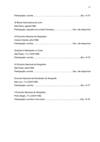 125
Participação: ouvinte.....................................................................................Doc. VI.75
IX Bienal Internacional do Livro
São Paulo, agosto/1988.
Participação: expositor da Livraria Francesa..................................Doc. não disponível
VII Encontro Nacional de Geógrafos
Campo Grande, julho/1986.
Participação: ouvinte.......................................................................Doc. não disponível
Simpósio A Metrópole e a Crise
São Paulo, 11 a 14/03/1985.
Participação: ouvinte.....................................................................................Doc. VI.76
VI Encontro Nacional de Geógrafos
São Paulo, julho/1984.
Participação: ouvinte.......................................................................Doc. não disponível
Encontro Nacional de Estudantes de Geografia
São Luís, 17 a 22/07/1983.
Participação: ouvinte.....................................................................................Doc. VI.77
V Encontro Nacional de Geógrafos
Porto Alegre, 17 a 23/07/1982.
Participação: ouvinte e mini-curso................................................................Doc. VI.78
 