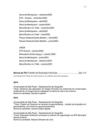 81
Serra da Mantiqueira – setembro/2000
ETA – Guaraú, - novembro/2000
Serra da Mantiqueira – abril/2001
Serra da Mantiqueira – outubro/2001
Barra Bonita e rio Tietê – novembro/2001
Serra da Mantiqueira – abril/2002
Barra Bonita e rio Tietê – maio/2002
Parque Estadual Carlos Botelho – maio/2003
Parque Estadual Carlos Botelho – junho/2003
UNISA
ETA Guaraú – outubro/2000
Mineradora (Embu Guaçu) – outubro 2000
Serra da Mantiqueira – junho/2001
Serra da Mantiqueira – setembro/2001
Barra Bonita e rio Tietê – outubro/2001
Bancas de TGI (Trabalho de Graduação Individual).........................................Doc. II.4
(As indicações de * diante dos títulos referem-se aos trabalhos sob minha orientação)
2014
Universidade de São Paulo – Departamento de Geografia
Título: Influência das alterações do Código Florestal nos potenciais de conservação
ambiental de um fragmento da vegetação na Serra do Japi e seu entorno.
Nome do candidato: Daniela Livignatti
2013
Universidade de São Paulo – Departamento de Geografia
*Título: Projeto de Pesquisa na vertente do geomarketing – modelo de produção em
geomarketing, com base em geoprocessamento.
Nome do candidato: Leandro Galha Sgobbi
Universidade de São Paulo – Departamento de Geografia
*Título: Educação ambiental: processos e práticas de organização na APA Municipal
Bororé-Colônia
Nome do candidato: Rosana Silvestre de Lima
 
