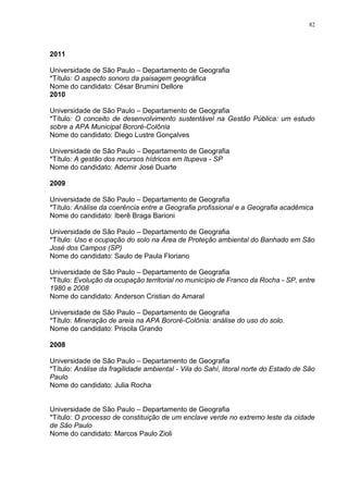 82
2011
Universidade de São Paulo – Departamento de Geografia
*Título: O aspecto sonoro da paisagem geográfica
Nome do candidato: César Brumini Dellore
2010
Universidade de São Paulo – Departamento de Geografia
*Título: O conceito de desenvolvimento sustentável na Gestão Pública: um estudo
sobre a APA Municipal Bororé-Colônia
Nome do candidato: Diego Lustre Gonçalves
Universidade de São Paulo – Departamento de Geografia
*Título: A gestão dos recursos hídricos em Itupeva - SP
Nome do candidato: Ademir José Duarte
2009
Universidade de São Paulo – Departamento de Geografia
*Título: Análise da coerência entre a Geografia profissional e a Geografia acadêmica
Nome do candidato: Iberê Braga Barioni
Universidade de São Paulo – Departamento de Geografia
*Título: Uso e ocupação do solo na Área de Proteção ambiental do Banhado em São
José dos Campos (SP)
Nome do candidato: Saulo de Paula Floriano
Universidade de São Paulo – Departamento de Geografia
*Título: Evolução da ocupação territorial no município de Franco da Rocha - SP, entre
1980 e 2008
Nome do candidato: Anderson Cristian do Amaral
Universidade de São Paulo – Departamento de Geografia
*Título: Mineração de areia na APA Bororé-Colônia: análise do uso do solo.
Nome do candidato: Priscila Grando
2008
Universidade de São Paulo – Departamento de Geografia
*Título: Análise da fragilidade ambiental - Vila do Sahí, litoral norte do Estado de São
Paulo
Nome do candidato: Julia Rocha
Universidade de São Paulo – Departamento de Geografia
*Título: O processo de constituição de um enclave verde no extremo leste da cidade
de São Paulo
Nome do candidato: Marcos Paulo Zioli
 