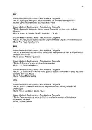 86
2001
Universidade de Santo Amaro – Faculdade de Geografia
*Título: A poluição das águas do rio Pinheiros: um problema sem solução?
Alunas: Sônia Ângelo Donato e Ebeloeide P. Vieira
Universidade de Santo Amaro – Faculdade de Geografia
*Título: A poluição das águas da represa do Guarapiranga pela exploração de
Minérios.
Alunos: Maria de Lourdes Teixeira e Romero T. Araújo
Universidade de Santo Amaro – Faculdade de Geografia
*Título: Área de preservação ambiental Capivari-Monos: utopia ou realidade social?
Aluna: Ana Paula Reis Ferreira
2000
Universidade de Santo Amaro – Faculdade de Geografia
*Título: A relação da evolução dos transportes metropolitanos com a ocupação das
áreas de mananciais
Aluno: Carlos Antonio Figueiredo
Universidade de Santo Amaro – Faculdade de Geografia
*Título: O Rodoanel e suas implicações ambientais
Aluno: Luiz Pimenta Godoy Jr.
Universidade de Santo Amaro – Faculdade de Geografia
*Título: Os "lixos" de São Paulo como questão social e ambiental: o caso do aterro
sanitário de Santo Amaro
Aluno: Nelson Mariano Zilig
1999
Universidade de Santo Amaro – Faculdade de Geografia
*Título: Embu, Cidade do Artesanato: as peculiaridades de um processo de
urbanização
Aluno: Kleber Marcos de Sousa Paulo
Universidade de Santo Amaro – Faculdade de Geografia
*Título: Paisagem natural, aspecto histórico-cultural e o potencial turístico de
Itapecerica da Serra
Aluna: Glória Expedito
 