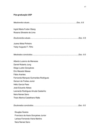 87
Pós-graduação USP
Mestrandos atuais.........................................................................................Doc..II.6
Ingrid Maria Furlan Oberg
Rosana Silvestre de Lima
Doutorandos atuais...........................................................................................Doc. II.6
Juarez Mota Pinheiro
Yadyr Augusto F. Filho
Mestrados concluídos.......................................................................................Doc. II.6
Alberto Luzerno de Menezes
Daniel Roberto Jung
Diego Lustre Gonçalves
Eric Macedo Massa
Fábio Arantes
Fernanda Marques Guimarães Rodrigues
Gerson de Freitas Junior
Hélio Garcia Paes
José Eduardo Abbas
Leonardo Rodrigues Arruda Castanho
Nara Nanae Sano
Thaís Marina Castelhano Ralla
Doutorados concluídos.....................................................................................Doc. II.6
Douglas Soares
Francisco de Assis Gonçalves Junior
Larissa Fernanda Vieira Martins
Nara Nanae Sano
 