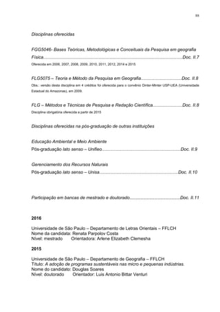 88
Disciplinas oferecidas
FGG5046- Bases Teóricas, Metodológicas e Conceituais da Pesquisa em geografia
Física.................................................................................................................Doc. II.7
Oferecida em 2006, 2007, 2008, 2009, 2010, 2011, 2012, 2014 e 2015
FLG5075 – Teoria e Método da Pesquisa em Geografia.................................Doc. II.8
Obs.: versão desta disciplina em 4 créditos foi oferecida para o convênio Dinter-Minter USP-UEA (Universidade
Estadual do Amazonas), em 2009.
FLG – Métodos e Técnicas de Pesquisa e Redação Científica........................Doc. II.8
Disciplina obrigatória oferecida a partir de 2015
Disciplinas oferecidas na pós-graduação de outras instituições
Educação Ambiental e Meio Ambiente
Pós-graduação lato senso – Unifieo................................................................Doc. II.9
Gerenciamento dos Recursos Naturais
Pós-graduação lato senso – Unisa................................................................Doc. II.10
Participação em bancas de mestrado e doutorado.........................................Doc. II.11
2016
Universidade de São Paulo – Departamento de Letras Orientais – FFLCH
Nome da candidata: Renata Parpolov Costa
Nível: mestrado Orientadora: Arlene Elizabeth Clemesha
2015
Universidade de São Paulo – Departamento de Geografia – FFLCH
Título: A adoção de programas sustentáveis nas micro e pequenas indústrias.
Nome do candidato: Douglas Soares
Nível: doutorado Orientador: Luis Antonio Bittar Venturi
 
