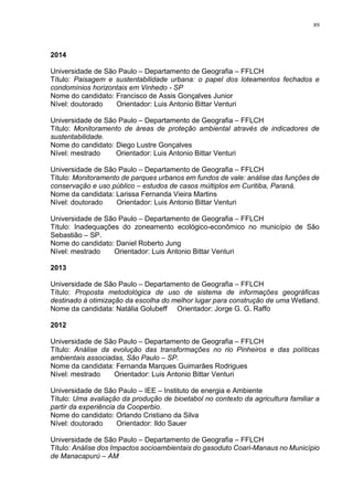 89
2014
Universidade de São Paulo – Departamento de Geografia – FFLCH
Título: Paisagem e sustentabilidade urbana: o papel dos loteamentos fechados e
condomínios horizontais em Vinhedo - SP
Nome do candidato: Francisco de Assis Gonçalves Junior
Nível: doutorado Orientador: Luis Antonio Bittar Venturi
Universidade de São Paulo – Departamento de Geografia – FFLCH
Título: Monitoramento de áreas de proteção ambiental através de indicadores de
sustentabilidade.
Nome do candidato: Diego Lustre Gonçalves
Nível: mestrado Orientador: Luis Antonio Bittar Venturi
Universidade de São Paulo – Departamento de Geografia – FFLCH
Título: Monitoramento de parques urbanos em fundos de vale: análise das funções de
conservação e uso público – estudos de casos múltiplos em Curitiba, Paraná.
Nome da candidata: Larissa Fernanda Vieira Martins
Nível: doutorado Orientador: Luis Antonio Bittar Venturi
Universidade de São Paulo – Departamento de Geografia – FFLCH
Título: Inadequações do zoneamento ecológico-econômico no município de São
Sebastião – SP.
Nome do candidato: Daniel Roberto Jung
Nível: mestrado Orientador: Luis Antonio Bittar Venturi
2013
Universidade de São Paulo – Departamento de Geografia – FFLCH
Título: Proposta metodológica de uso de sistema de informações geográficas
destinado à otimização da escolha do melhor lugar para construção de uma Wetland.
Nome da candidata: Natália Golubeff Orientador: Jorge G. G. Raffo
2012
Universidade de São Paulo – Departamento de Geografia – FFLCH
Título: Análise da evolução das transformações no rio Pinheiros e das políticas
ambientais associadas, São Paulo – SP.
Nome da candidata: Fernanda Marques Guimarães Rodrigues
Nível: mestrado Orientador: Luis Antonio Bittar Venturi
Universidade de São Paulo – IEE – Instituto de energia e Ambiente
Título: Uma avaliação da produção de bioetabol no contexto da agricultura familiar a
partir da experiência da Cooperbio.
Nome do candidato: Orlando Cristiano da Silva
Nível: doutorado Orientador: Ildo Sauer
Universidade de São Paulo – Departamento de Geografia – FFLCH
Título: Análise dos Impactos socioambientais do gasoduto Coari-Manaus no Município
de Manacapurú – AM
 