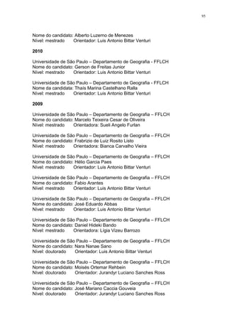 95
Nome do candidato: Alberto Luzerno de Menezes
Nível: mestrado Orientador: Luis Antonio Bittar Venturi
2010
Universidade de São Paulo – Departamento de Geografia - FFLCH
Nome do candidato: Gerson de Freitas Junior
Nível: mestrado Orientador: Luis Antonio Bittar Venturi
Universidade de São Paulo – Departamento de Geografia - FFLCH
Nome da candidata: Thaís Marina Castelhano Ralla
Nível: mestrado Orientador: Luis Antonio Bittar Venturi
2009
Universidade de São Paulo – Departamento de Geografia – FFLCH
Nome do candidato: Marcelo Teixeira Cesar de Oliveira
Nível: mestrado Orientadora: Sueli Angelo Furlan
Universidade de São Paulo – Departamento de Geografia – FFLCH
Nome do candidato: Frabrizio de Luiz Rosito Listo
Nível: mestrado Orientadora: Bianca Carvalho Vieira
Universidade de São Paulo – Departamento de Geografia – FFLCH
Nome do candidato: Hélio Garcia Paes
Nível: mestrado Orientador: Luis Antonio Bittar Venturi
Universidade de São Paulo – Departamento de Geografia – FFLCH
Nome do candidato: Fabio Arantes
Nível: mestrado Orientador: Luis Antonio Bittar Venturi
Universidade de São Paulo – Departamento de Geografia – FFLCH
Nome do candidato: José Eduardo Abbas
Nível: mestrado Orientador: Luis Antonio Bittar Venturi
Universidade de São Paulo – Departamento de Geografia – FFLCH
Nome do candidato: Daniel Hideki Bando
Nível: mestrado Orientadora: Lígia Vizeu Barrozo
Universidade de São Paulo – Departamento de Geografia – FFLCH
Nome do candidato: Nara Nanae Sano
Nível: doutorado Orientador: Luis Antonio Bittar Venturi
Universidade de São Paulo – Departamento de Geografia – FFLCH
Nome do candidato: Moisés Ortemar Rehbein
Nível: doutorado Orientador: Jurandyr Luciano Sanches Ross
Universidade de São Paulo – Departamento de Geografia – FFLCH
Nome do candidato: José Mariano Caccia Gouveia
Nível: doutorado Orientador: Jurandyr Luciano Sanches Ross
 