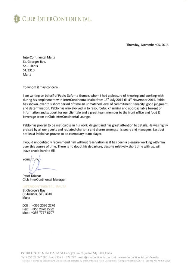 Reference letter InterContinental Malta
