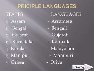 STATES LANGUAGES
1) Assam - Assamese
2) Bengal - Bengali
3) Gujarat - Gujarati
4) Karnataka - Kannada
5) Kerala - Malayalam
6) Manipur - Manipuri
7) Orissa - Oriya
Next Page…
 