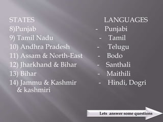 STATES LANGUAGES
8)Punjab - Punjabi
9) Tamil Nadu - Tamil
10) Andhra Pradesh - Telugu
11) Assam & North-East - Bodo
12) Jharkhand & Bihar - Santhali
13) Bihar - Maithili
14) Jammu & Kashmir - Hindi, Dogri
& kashmiri
Lets answer some questions
 