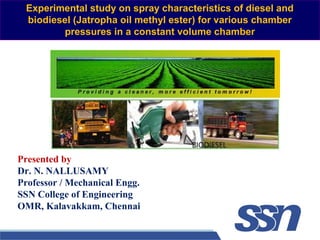 Experimental study on spray characteristics of diesel and
biodiesel (Jatropha oil methyl ester) for various chamber
pressures in a constant volume chamber

Presented by
Dr. N. NALLUSAMY
Professor / Mechanical Engg.
SSN College of Engineering
OMR, Kalavakkam, Chennai

 