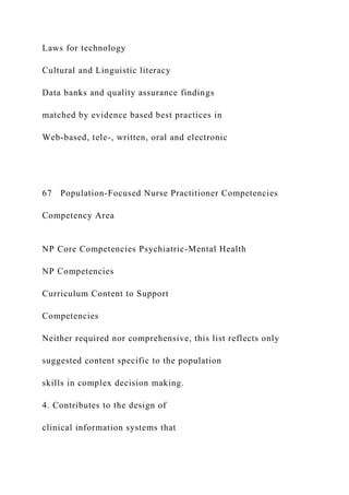 Laws for technology
Cultural and Linguistic literacy
Data banks and quality assurance findings
matched by evidence based best practices in
Web-based, tele-, written, oral and electronic
67 Population-Focused Nurse Practitioner Competencies
Competency Area
NP Core Competencies Psychiatric-Mental Health
NP Competencies
Curriculum Content to Support
Competencies
Neither required nor comprehensive, this list reflects only
suggested content specific to the population
skills in complex decision making.
4. Contributes to the design of
clinical information systems that
 