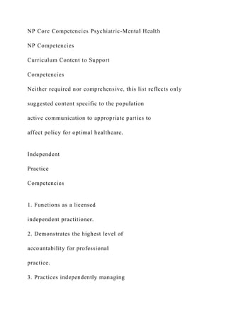 NP Core Competencies Psychiatric-Mental Health
NP Competencies
Curriculum Content to Support
Competencies
Neither required nor comprehensive, this list reflects only
suggested content specific to the population
active communication to appropriate parties to
affect policy for optimal healthcare.
Independent
Practice
Competencies
1. Functions as a licensed
independent practitioner.
2. Demonstrates the highest level of
accountability for professional
practice.
3. Practices independently managing
 