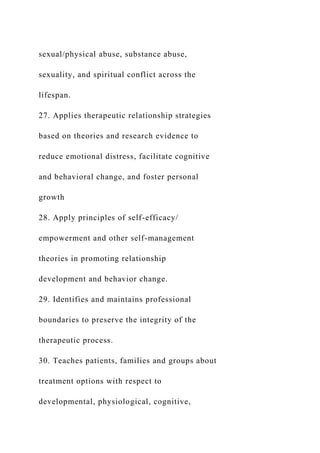 sexual/physical abuse, substance abuse,
sexuality, and spiritual conflict across the
lifespan.
27. Applies therapeutic relationship strategies
based on theories and research evidence to
reduce emotional distress, facilitate cognitive
and behavioral change, and foster personal
growth
28. Apply principles of self-efficacy/
empowerment and other self-management
theories in promoting relationship
development and behavior change.
29. Identifies and maintains professional
boundaries to preserve the integrity of the
therapeutic process.
30. Teaches patients, families and groups about
treatment options with respect to
developmental, physiological, cognitive,
 