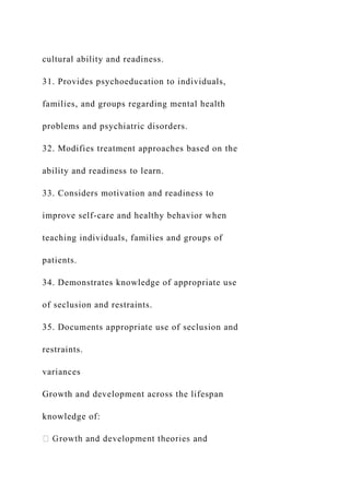 cultural ability and readiness.
31. Provides psychoeducation to individuals,
families, and groups regarding mental health
problems and psychiatric disorders.
32. Modifies treatment approaches based on the
ability and readiness to learn.
33. Considers motivation and readiness to
improve self-care and healthy behavior when
teaching individuals, families and groups of
patients.
34. Demonstrates knowledge of appropriate use
of seclusion and restraints.
35. Documents appropriate use of seclusion and
restraints.
variances
Growth and development across the lifespan
knowledge of:
 