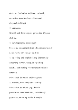 concepts (including spiritual, cultural,
cognitive, emotional, psychosexual,
physical abilities)
Growth and development across the lifespan
skill in:
Screening instruments (including invasive and
noninvasive screenings) skill in:
screening instrument(s), interpreting
results, and making recommendations and
referrals
Prevention activities knowledge of:
Prevention activities (e.g., health
promotion, immunizations, anticipatory
guidance, parenting skills, lifestyle
 