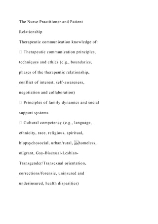 The Nurse Practitioner and Patient
Relationship
Therapeutic communication knowledge of:
techniques and ethics (e.g., boundaries,
phases of the therapeutic relationship,
conflict of interest, self-awareness,
negotiation and collaboration)
support systems
ethnicity, race, religious, spiritual,
biopsychosocial, urban/rural, homeless,
migrant, Gay-Bisexual-Lesbian-
Transgender/Transexual orientation,
corrections/forensic, uninsured and
underinsured, health disparities)
 