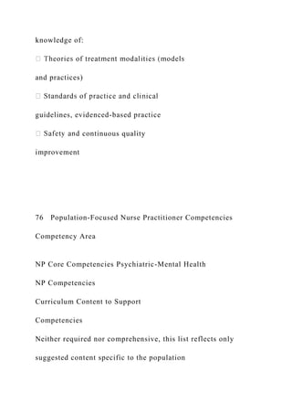 knowledge of:
and practices)
guidelines, evidenced-based practice
continuous quality
improvement
76 Population-Focused Nurse Practitioner Competencies
Competency Area
NP Core Competencies Psychiatric-Mental Health
NP Competencies
Curriculum Content to Support
Competencies
Neither required nor comprehensive, this list reflects only
suggested content specific to the population
 