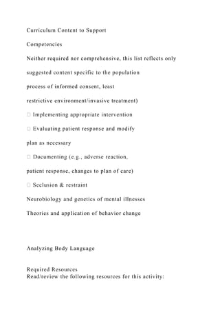 Curriculum Content to Support
Competencies
Neither required nor comprehensive, this list reflects only
suggested content specific to the population
process of informed consent, least
restrictive environment/invasive treatment)
plan as necessary
patient response, changes to plan of care)
Neurobiology and genetics of mental illnesses
Theories and application of behavior change
Analyzing Body Language
Required Resources
Read/review the following resources for this activity:
 