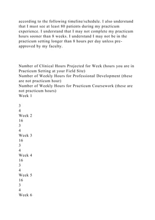 according to the following timeline/schedule. I also understand
that I must see at least 80 patients during my practicum
experience. I understand that I may not complete my practicum
hours sooner than 8 weeks. I understand I may not be in the
practicum setting longer than 8 hours per day unless pre-
approved by my faculty.
Number of Clinical Hours Projected for Week (hours you are in
Practicum Setting at your Field Site)
Number of Weekly Hours for Professional Development (these
are not practicum hour)
Number of Weekly Hours for Practicum Coursework (these are
not practicum hours)
Week 1
3
4
Week 2
16
3
4
Week 3
16
3
4
Week 4
16
3
4
Week 5
16
3
4
Week 6
 