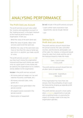 The Profit And Loss Account
The profit and loss account (also called
the ’income and expenditure account’ or
the ’trading account’) is the basic measure
of the financial performance of an
organisation. It tells you:
. What the value of the work done was
. What the value of goods, labour and
services used to do that work was
. Whether the value of the work done was
more or less than the value of what was
put in to it i.e. whether you made a profit
or a loss.
The profit and loss account does not tell
you how much money the organisation
received and how much money was spent
since at a given point in time money will
be owed by the organisation to its creditors
and by debtors to the organisation.

Do not include in the profit and loss account:
. Loans (either loans received or loan
repayments), but do include interest
. VAT

Setting Out A
Profit And Loss Account
The profit and loss account should show
the period covered, the sales (and other
income), and the directly attributable cost
of the sales. For instance, a restaurant would
show the sales from meals and the cost of
the food purchased to make the meals.
Sales - Cost of sales
= Gross profit
The profit and loss account should then list
all other items of expenditure.

Include in the profit and loss account:
. All money paid out (wages incl. tax and
national insurance, overheads, etc.)
. All money received (sales, rents,
grants etc.)
. All unpaid invoices generated in the
period covered
. All unpaid invoices received in the
period covered
. Depreciation of equipment

Gross profit - Expenditure
= Net profit
If the organisation has more than one
division, then the profitability of each could
be measured by drawing up separate profit
and loss accounts.
The profit and loss account is most useful
when comparing departments or periods
and so spotting trends, or assessing the
impact of changes made to the way the
organisation operates.

P 222

PROFIT AND LOSS AND BALANCE SHEETS 6.3

ANALYSING PERFORMANCE

 