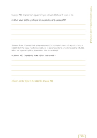 PROFIT AND LOSS AND BALANCE SHEETS 6.3

Suppose ABC Engineering’s equipment was calculated to have 15 years of life.
3 : What would be the new figure for depreciation and gross profit?

Suppose it was proposed that an increase in production would mean extra gross profits of
£3,000. But the oldest machine would have to be scrapped and a machine costing £15,000
with a life expectancy of 15 years would have to be bought.
4 : Would ABC Engineering make a profit this quarter?

Answers can be found in the appendix on page 425

P 234

 