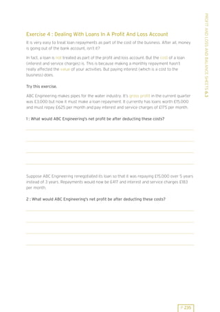 It is very easy to treat loan repayments as part of the cost of the business. After all, money
is going out of the bank account, isn’t it?
In fact, a loan is not treated as part of the profit and loss account. But the cost of a loan
(interest and service charges) is. This is because making a monthly repayment hasn’t
really affected the value of your activities. But paying interest (which is a cost to the
business) does.
Try this exercise.
ABC Engineering makes pipes for the water industry. It’s gross profit in the current quarter
was £3,000 but now it must make a loan repayment. It currently has loans worth £15,000
and must repay £625 per month and pay interest and service charges of £175 per month.
1 : What would ABC Engineering's net profit be after deducting these costs?

Suppose ABC Engineering renegotiated its loan so that it was repaying £15,000 over 5 years
instead of 3 years. Repayments would now be £417 and interest and service charges £183
per month.
2 : What would ABC Engineering's net profit be after deducting these costs?

P 235

PROFIT AND LOSS AND BALANCE SHEETS 6.3

Exercise 4 : Dealing With Loans In A Profit And Loss Account

 