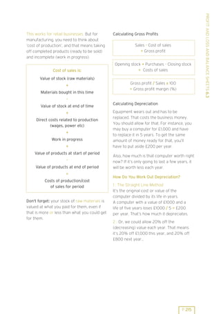 Cost of sales is:

Calculating Gross Profits
Sales - Cost of sales
= Gross profit
Opening stock + Purchases - Closing stock
= Costs of sales

Value of stock (raw materials)
+
Materials bought in this time

Gross profit / Sales x 100
= Gross profit margin (%)

Value of stock at end of time
+
Direct costs related to production
(wages, power etc)
+
Work in progress
+
Value of products at start of period
Value of products at end of period
=
Costs of production/cost
of sales for period

Don't forget: your stock of raw materials is
valued at what you paid for them, even if
that is more or less than what you could get
for them.

Calculating Depreciation
Equipment wears out and has to be
replaced. That costs the business money.
You should allow for that. For instance, you
may buy a computer for £1,000 and have
to replace it in 5 years. To get the same
amount of money ready for that, you’ll
have to put aside £200 per year.
Also, how much is that computer worth right
now? If it’s only going to last a few years, it
will be worth less each year.
How Do You Work Out Depreciation?
1 : The Straight Line Method
It’s the original cost or value of the
computer divided by its life in years.
A computer with a value of £1000 and a
life of five years loses £1000 / 5 = £200
per year. That’s how much it depreciates.
2 : Or, we could allow 20% off the
(decreasing) value each year. That means
it’s 20% off £1,000 this year, and 20% off
£800 next year...

P 215

PROFIT AND LOSS AND BALANCE SHEETS 6.3

This works for retail businesses. But for
manufacturing, you need to think about
’cost of production’, and that means taking
off completed products (ready to be sold)
and incomplete (work in progress).

 