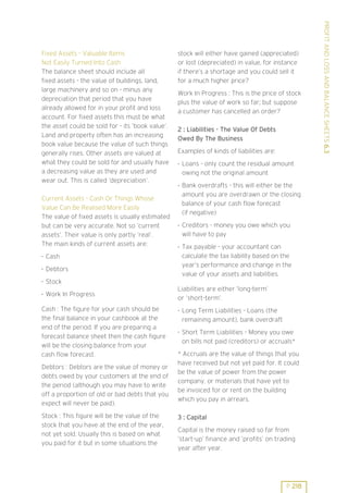 Current Assets - Cash Or Things Whose
Value Can Be Realised More Easily
The value of fixed assets is usually estimated
but can be very accurate. Not so ’current
assets’. Their value is only partly ’real’.
The main kinds of current assets are:
. Cash
. Debtors

stock will either have gained (appreciated)
or lost (depreciated) in value, for instance
if there’s a shortage and you could sell it
for a much higher price?
Work In Progress : This is the price of stock
plus the value of work so far; but suppose
a customer has cancelled an order?
2 : Liabilities - The Value Of Debts
Owed By The Business
Examples of kinds of liabilities are:
. Loans - only count the residual amount
owing not the original amount
. Bank overdrafts - this will either be the
amount you are overdrawn or the closing
balance of your cash flow forecast
(if negative)
. Creditors - money you owe which you
will have to pay
. Tax payable - your accountant can
calculate the tax liability based on the
year’s performance and change in the
value of your assets and liabilities.

. Stock
. Work In Progress
Cash : The figure for your cash should be
the final balance in your cashbook at the
end of the period. If you are preparing a
forecast balance sheet then the cash figure
will be the closing balance from your
cash flow forecast.
Debtors : Debtors are the value of money or
debts owed by your customers at the end of
the period (although you may have to write
off a proportion of old or bad debts that you
expect will never be paid).
Stock : This figure will be the value of the
stock that you have at the end of the year,
not yet sold. Usually this is based on what
you paid for it but in some situations the

Liabilities are either ’long-term’
or ’short-term’.
. Long Term Liabilities - Loans (the
remaining amount), bank overdraft
. Short Term Liabilities - Money you owe
on bills not paid (creditors) or accruals*
* Accruals are the value of things that you
have received but not yet paid for. It could
be the value of power from the power
company, or materials that have yet to
be invoiced for or rent on the building
which you pay in arrears.
3 : Capital
Capital is the money raised so far from
’start-up’ finance and ’profits’ on trading
year after year.

P 218

PROFIT AND LOSS AND BALANCE SHEETS 6.3

Fixed Assets - Valuable Items
Not Easily Turned Into Cash
The balance sheet should include all
fixed assets - the value of buildings, land,
large machinery and so on - minus any
depreciation that period that you have
already allowed for in your profit and loss
account. For fixed assets this must be what
the asset could be sold for - its ’book value’.
Land and property often has an increasing
book value because the value of such things
generally rises. Other assets are valued at
what they could be sold for and usually have
a decreasing value as they are used and
wear out. This is called ’depreciation’.

 
