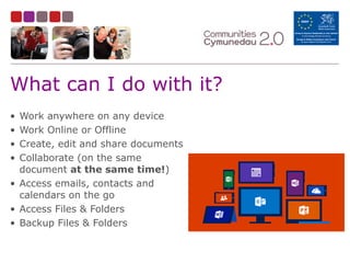What can I do with it?
• Work anywhere on any device
• Work Online or Offline
• Create, edit and share documents
• Collaborate (on the same
document at the same time!)
• Access emails, contacts and
calendars on the go
• Access Files & Folders
• Backup Files & Folders
 