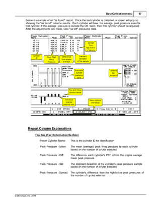 © Windrock, Inc. 2011
Data Collection menu 97
Below is a sample of an "as found" report. Once the last cylinder is collected, a screen will pop up
showing the "as found" balance results. Each cylinder will have the average peak pressure seen for
that cylinder. If the average pressure is outside the OK band, then that cylinder should be adjusted.
After the adjustments are made, take "as left" pressures data.
Report Column Explanations
Top Box (Text Information Section)
Power Cylinder Name: This is the cylinder ID for identification
Peak Pressure - Mean: The mean (average) peak firing pressure for each cylinder
based on the number of cycles selected
Peak Pressure - Diff: The difference each cylinder's PFP is from the engine average
mean peak pressure
Peak Pressure - SD: The standard deviation of the cylinder's peak pressure sample
based on the number of cycles selected
Peak Pressure - Spread: The cylinder's difference from the high to low peak pressures of
the number of cycles selected
 