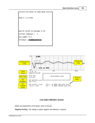 © Windrock, Inc. 2011
Data Collection menu 125
Live data collection screen
Below are explanations of the values show on the plot:
Negative Pulling – The voltage is pulled negative with reference to ground.
 