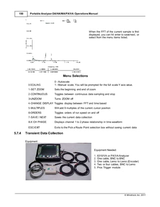 © Windrock, Inc. 2011
150 Portable Analyzer DA/HA/MA/PA/VA Operations Manual
Menu Selections
When the FFT of the current sample is first
displayed, you can hit enter to save/next, or
select from the menu items listed.
0-SCALING
0 - Autoscale
1 - Manual scale. You will be prompted for the full scale Y axis value.
1-SET ZOOM Sets the beginning and end of zoom
2-CONTINUOUS Toggles between continuous data sampling and stop
3-UNZOOM Turns ZOOM off
4-CHANGE DISPLAY Toggles display between FFT and time based
5-MULTIPLES Will add 9 multiples of the current cursor position
6-ORDERS Toggles orders of run speed on and off
7-SAVE / NEXT Saves the current data collection
8-X CH PHASE Displays channel 1 to 2 phase relationship in time waveform
ESC-EXIT Exits to the Pick a Route Point selection box without saving current data
5.7.4 Transient Data Collection
Equipment
Equipment Needed:
1. 6310/VA or PA/VA Analyzer
2. One cable, BNC to BNC
3. One cable, Lemo to Lemo (Encoder)
4. Two or four cables, BNC to Lemo
5. Prox Trigger module
 