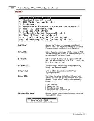 © Windrock, Inc. 2011
158 Portable Analyzer DA/HA/MA/PA/VA Operations Manual
4-FORMAT:
0.-OVERLAY: Changes the 'Y' scale from individual scales to one
common scale. This may make certain plots very small
in relation to others based on the scale differences.
1.-PHASING: Data is phased to the individual cylinder angles vs. TDC.
This option allows, for instance, all power cylinder plots to
be lined up to TDC or as a PT parade.
2.-TDC shift: Data is normally displayed with '0' degrees on the left
axis. This option shifts 0-360 to be (-180 0 +180 ) and
0-720 to be (-360 0 +360 ).
3.-STRIP CHART: Allows clearing of individual strip charts and manually
forcing a plot to be strip charted.
4.-Theoretical: Turns on /off the theoretical curves for PV and
LogP-LogV diagrams.
5.-Show TDC: This toggles the vertical dashed lines indicating each
individual cylinders TDC position in relation to the other
cylinders. Turning on TDC, select one of the following
options:
1. Don't Show TDC
2. Show Power TDC
3. Show Compressor TDC
4. Show Power and Compressor TDC
6.-Line and Plot Styles: Changes the way the vibration and ultrasonic traces are
displayed on the screen.
 