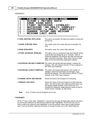 © Windrock, Inc. 2011
160 Portable Analyzer DA/HA/MA/PA/VA Operations Manual
2-RESAMPLE:
0.-TAKE ANOTHER DATA SCAN: This option re-samples the data and displays it along with
the first set.
1.-CLEAR & RETAKE DATA: This option clears the current data and re-samples the
data.
2.-SAVE SCAN DATA: This option saves the current data collected.
3.-START AUTOSCAN (SINGLES): This option runs in a continuous loop automatically taking
a set of data and displaying up to 10 traces. After 10
traces are displayed, the analyzer will clear and start over
again until ESC is pressed. Note: there may be a slight
delay to the ESC keystroke stopping the updates.
4.-AUTOSCAN (NO MULTI SAMPLES): This option will sample data and display it, erasing the
previous. This will continue until the "3" key is pressed or
the "ESC" key is pressed.
5.-AUTOSCAN (w MULTI SAMPLES): This option will sample data based on the number of
averages preset and will display the averaged trace,
erasing the previous. This will continue until the "3" key is
pressed or the "ESC" key is pressed.
6.-CHANGE SETUP AND RESCAN: Allows the setup to be changed for re-sampling.
7.-RESCAN LAST DATA: Allows the rescan of the last single line of data that was
taken. This will not work with collection points where you
are taking multiple channels at the same time. It is
intended for overlaying single pressure traces to look for
pocket volume changes. (ie. MA Users)
Note: Up to 10 traces may be displayed at one time.
7-SAVE/NEXT:
Hit the "7" key or enter when "Save/Next" is the hot key will save the latest data capture and return
you to the point selection list with the next collection point highlighted. At this time, you can hit
enter to select the collection point highlighted or use the up/down arrow keys to select another
point. If you are finished collecting route data, hit escape to return you to the "Data Collection
 