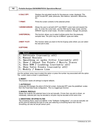 © Windrock, Inc. 2011
162 Portable Analyzer DA/HA/MA/PA/VA Operations Manual
6-CALC OFF: Displays the calculated results for the pressure curves displayed. This
would include IHP, peak pressures, flow balance, volumetric efficiencies,
etc.
7-PRINT: Prints the screen contents to the selected printer.
1-ZOOM/CURSOR: Allows the user to set both LEFT and RIGHT cursor bars and expand the
plot. To move the cursor bars, use the TAB key for large moves and the
ARROW keys for small moves. Hit enter to advance through the prompts.
3-HISTORICAL: This function allows you to select multiple points from the previously
sampled data. The point may be of different types and dates.
2-NEXT PLOT: This function takes you back to the list of group plots where you can select
the next plot to view.
0-OPTIONS:
Use the up/down arrow keys to select the option or press the number key associated with the option.
The current state is shown in parentheses( ).
0.-RESET:
This function resets all settings to original defaults.
1.-AUTOSCALE:
Autoscale ON changes the plots to fit the full screen. Autoscale OFF uses the predefined scales
from the Fixed Data Scale configuration. This is a toggle-type function.
2.-MANUAL RESCALE:
Allows the scale for the selected trace to be set manually. If more than one plot is shown, an
individually selected plot may be rescaled or all plots may be rescaled at the same time.
3.-SMOOTHING OR SPIKE FILTER:
The smoothing factor used is as defined in the "Software Configuration" or it can be manually set
at this point by selecting the type of curve and selecting a smoothing factor from the list.
Smoothing can also be set per sensor point.
 