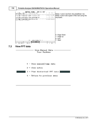 © Windrock, Inc. 2011
170 Portable Analyzer DA/HA/MA/PA/VA Operations Manual
7.3 View FFT data
Notes 1 and 2 are from the predefined list.
Notes 3 and 4 are typed in free text using the
key board.
0 - Page Down
1 - Page up
4 - Exit
7 - Next
 