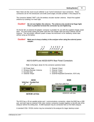 © Windrock, Inc. 2011
Getting Started 11
Next, there are five round six-pin (referred to as "Lemo") transducer input connectors. These
connectors are for the transducers and shaft (crank-angle) encoder provided in the analyzer kit.
The connector labeled "ANT" is for the wireless encoder receiver antenna. Attach the supplied
antenna by screwing it on hand tight.
Caution! Do not over-tighten the antenna. The antenna only needs to be finger tight.
There is potential to break the connector by over-tightening.
On the far left, an external AC-adapter connector is provided for use with the supplied charger power
pack. You may simply unplug the power pack from the charger base and plug it directly into the
analyzer. This will provide sufficient power to leave the instrument on for reviewing stored data
without using up the battery.
Caution! Make sure to keep a battery in the analyzer when using the external power
adapter.
A6310-00/PA and A6320-00/PA Rear Panel Connectors
Refer to the figure above for the connector positions listed.
1 DC Power Input 5 Channel 3 Input
2 Wireless Receiver Antenna 6 Channel 2 Input
3 Encoder Input 7 Channel 1 Input
4 Channel 4 Input 8 External Keyboard Connection, 6310 only
6310 6320
VGA Port USB Port
A6320-00 Left Side
The 6310 has a 25 pin parallel printer port / communications connection, where the 6320 has a USB
port, and both have an external VGA color monitor connection located together on the left side of the
analyzer behind the sliding door, A USB keyboard may be connected here on the 6320 analyzer.
A standard VGA / SVGA monitor may be connected to the analyzer for larger desktop screen
 