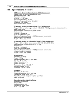 © Windrock, Inc. 2011
224 Portable Analyzer DA/HA/MA/PA/VA Operations Manual
13.6 Specifications - Sensors
AC Pressure Sensor for Power Cylinder PT/PV Measurement
Range: 0-2000 psi (other ranges available 3000)
Frequency Response: 12 Khz
Resolution: 0.01 psi
Linearity: <1 % full scale
Acceleration Sensitivity: .05 psi/g
Operating Temperature Range: -65 to 600 F
Connector: 2-pin military
Pressure fitting: Kiene adapter
DC Pressure Sensor for Power Cylinder PT/PV Measurement
Range: 0-2000 psi (other ranges available 1000, 3000) (A 5000 psi sensor is also available in the
water cooled model)
Response Time: <0.5 ms (A6082-XX-01 <0.1ms)
Accuracy: 1%
Linearity: <1% full scale
Cycle Life: >1.5 billion cycles
Operating Temperature Range: 0-450 F (temperature compensated)
Pressure Fitting: Kiene adapter
Output: 4-20 mA, loop powered
DC Pressure Sensor for Compressor Cylinder PT/PV Measurement
Range: 0-2000 psi (other ranges available 300, 500, 1000, 3000, 5000)
Response Time: <0.5 ms (A6082-XX-XX <0.1ms)
Accuracy: 1%
Linearity: <1% full scale
Cycle Life: >1.5 billion cycles
Operating Temperature Range: 0-212 F (temperature compensated)
Pressure Fitting: Kiene adapter
Output: 4-20 mA, loop powered
Accelerometer:
Sensitivity: 100 mV/g
Range: +/- 50 g
Frequency Range (3 db) : 0.4 hz to 14 Khz
Linearity: 1% full scale
Off-axis Sensitivity: <5%
Shock Limit: 5000 g
Temperature Range: -65 to 250 F
Excitation Voltage: 18 to 28 V
Connector: 2-pin MIL-C-5015
Ultrasonic:
Sensitivity: -75 dbv / mbar
Frequency Response: 35 Khz to 45 Khz
Temperature Range: -40 to 120 C
Power Requirement: 24V power supplied by analyzer
Cable Length: 6 ft
Secondary Ignition Capacitive Pickup
Attenuation: 10,000 times
Range: 50 KV
Output Connector: BNC
Temperature Range: 200 F
Cable Length: 6 ft
 