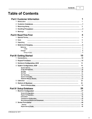 © Windrock, Inc. 2011
I
...............
......
...............
...
..............
........
..
...........
................................
............................
......
..............
....
.............
.........................
................
......................
...................
.................
................
.........................
...............................................
.............
.................
Table of Contents
Contents I
Part I Customer Information 1
1 Introduction ............................................................................................................................. ...... 1
2 Customer Assistance.............................................................................................................1
3 Returning Items ................................................................................................................... .......... 2
4 Handling Precautions ............................................................................................................3
5 Warnings ............................................................................................................................. ...... 4
Part II Read This First 4
1 Special Terms ............................................................................................................................. ... 4
2 Care
3 Unpacking
............................................................................................................................. ...... 5
............................................................................................................................. ...... 5
4 Batteries & Charging..............................................................................................................6
Batteries
E-Moli
Charger
.......................................................................................................................................................... 7
......................................................................................................................................................... 8
.......................................................................................................................................................... 8
Energy Access.....................................................................................................................................................8
Part III Getting Started 10
1 Connections ........................................................................................................................ 10
2 Keypad Functions................................................................................................................ 12
3 Hardware Configuration, 6310 ................................................................................................... 13
4 System Configuration, 6320 ....................................................................................................... 16
System Options........................................................................................................................................................18
Printer Management.................................................................................................................................................20
Set Date
Set Time
.......................................................................................................................................................... 20
.......................................................................................................................................................... 21
Set Time Zone...........................................................................................................................................................21
System Information ............................................................................................................................................. 22
Database Backup / Restore......................................................................................................................................22
5 Calibration ............................................................................................................................. ...... 23
6 Stations & Machines ................................................................................................................... 24
Station & Machine Setup .................................................................................................................................... 25
Part IV Setup Database 26
1 Machine Configuration ........................................................................................................ 27
General Configuration.............................................................................................................................................27
Engine Configuration...............................................................................................................................................30
Articulation .......................................................................................................................................................... 36
Compressor Configuration......................................................................................................................................40
Miscellaneous Engine and Compressor ........................................................................................................... 43
2 Sensor Point Setup .............................................................................................................. 44
Overview .......................................................................................................................................................... 44
Engine Sensor Points ......................................................................................................................................... 48
 