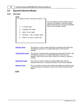 © Windrock, Inc. 2011
84 Portable Analyzer DA/HA/MA/PA/VA Operations Manual
5.5 SpecialCollection Modes
5.5.1 Overview
6310
This menu allows access to several special
modes for the analyzer. With these modes,
several detail functions may be accomplished
that are non-crankangle related.
O-Scope mode: This function is used to collect and display oscilloscope style data. See
the following sections for a complete description of the functions
available.
Timebase/FFT mode This function is used to collect and display time base and FFT data. See
the following sections for a complete description of the functions
available. Note; this is the non-route mode and is similar to a spectrum
analyzer.
Spark trace mode: This function is used to collect and display ignition data. See the
following sections for a complete description of the functions available.
Balancer menu: This is a submenu with two main functions for balancing an engine using
peak firing pressure and ignition survey mode to look at ignition system
details.
6320
 