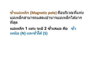 แม่เหล็ก 1 แท่ง จะมี 2 ขั้วเสมอ คือ ขั้ว
เหนือ (N) และขั้วใต้ (S)
ขั้วแม่เหล็ก (Magnetic pole) คือบริเวณที่แท่ง
แม่เหล็กสามารถแสดงอานาจแม่เหล็กได ้มาก
ที่สุด
 