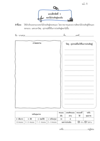 แบบฝึกหัดที่ 1
ดอกไม้ประดิษฐ์ของฉัน
คำชี้แจง ให้นักเรียนออกแบบดอกไม้ประดิษฐ์ของตนเอง โดยวาดภาพและระบายสีดอกไม้ประดิษฐ์ที่ตนเอง
ออกแบบ และบอกวัสดุ - อุปกรณ์ที่ใช้ในการประดิษฐ์ดอกไม้นั้น
ชื่อ - นามสกุล ชั้น เลขที่
ระดับคุณภาพ
คะแนน
เต็ม
เกณฑ์คะแนน
ผ่าน
คะแนนที่
ได้
ระดับ
คุณภาพ
4 (ดีมาก) 3 (ดี) 2 (พอใช้) 1 (ปรับปรุง) 10 8
10 คะแนน 9 - 8 คะแนน 7 – 5 คะแนน 0 – 4 คะแนน ผลการประเมิน  ผ่าน  ไม่ผ่าน
ลงชื่อ........................................................ครูผู้สอน
ภาพผลงาน วัสดุ - อุปกรณ์ที่จะใช้ในการประดิษฐ์
...................................................................
...................................................................
...................................................................
...................................................................
...................................................................
...................................................................
...................................................................
...................................................................
...................................................................
...................................................................
...................................................................
...................................................................
หน้า 1
 