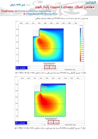 ‫نمونه‬‫هایی‬‫از‬‫مدل‬‫های‬‫ساخته‬‫شده‬‫در‬‫نرم‬‫افزار‬PLAXIS‫برای‬‫مطالعه‬‫دیوارهای‬‫میخکوبی‬
‫شکل‬3-‫برنامه‬ ‫گرافیکی‬ ‫خروجی‬PLAXIS،‫میزان‬‫افقی‬ ‫جایی‬ ‫جابه‬‫با‬ ‫استاتیکی‬ ‫حالت‬ ‫در‬S 𝐹=3.05)‫و‬C=10‫و‬φ = 50)
‫شکل‬2-‫برنامه‬ ‫گرافیکی‬ ‫خروجی‬PLAXIS،‫میزان‬‫افقی‬ ‫جایی‬ ‫جابه‬‫با‬ ‫استاتیکی‬ ‫حالت‬ ‫در‬S 𝐹=1.84)‫و‬C=40‫و‬φ = 20)
 