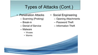 Trish Miller
• Social Engineering
– Opening Attachments
– Password Theft
– Information Theft
Types of Attacks (Cont.)
• Penetration Attacks
– Scanning (Probing)
– Break-in
– Denial of Service
– Malware
• Viruses
• Worms
 