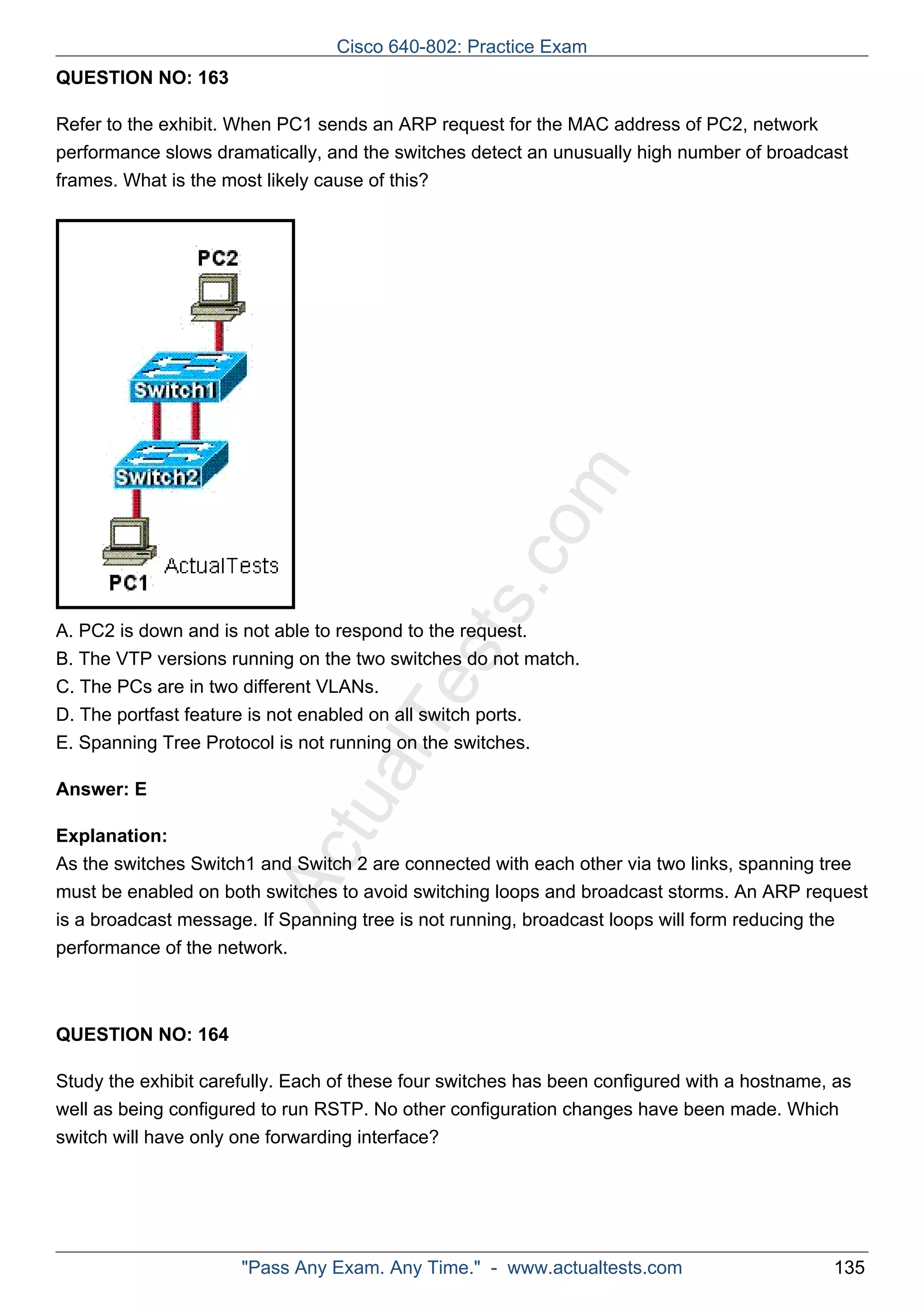 Cisco 640-802: Practice Exam 
ActualTests.com 
QUESTION NO: 163 
Refer to the exhibit. When PC1 sends an ARP request for the MAC address of PC2, network 
performance slows dramatically, and the switches detect an unusually high number of broadcast 
frames. What is the most likely cause of this? 
A. PC2 is down and is not able to respond to the request. 
B. The VTP versions running on the two switches do not match. 
C. The PCs are in two different VLANs. 
D. The portfast feature is not enabled on all switch ports. 
E. Spanning Tree Protocol is not running on the switches. 
Answer: E 
Explanation: 
As the switches Switch1 and Switch 2 are connected with each other via two links, spanning tree 
must be enabled on both switches to avoid switching loops and broadcast storms. An ARP request 
is a broadcast message. If Spanning tree is not running, broadcast loops will form reducing the 
performance of the network. 
QUESTION NO: 164 
Study the exhibit carefully. Each of these four switches has been configured with a hostname, as 
well as being configured to run RSTP. No other configuration changes have been made. Which 
switch will have only one forwarding interface? 
"Pass Any Exam. Any Time." - www.actualtests.com 135 
 