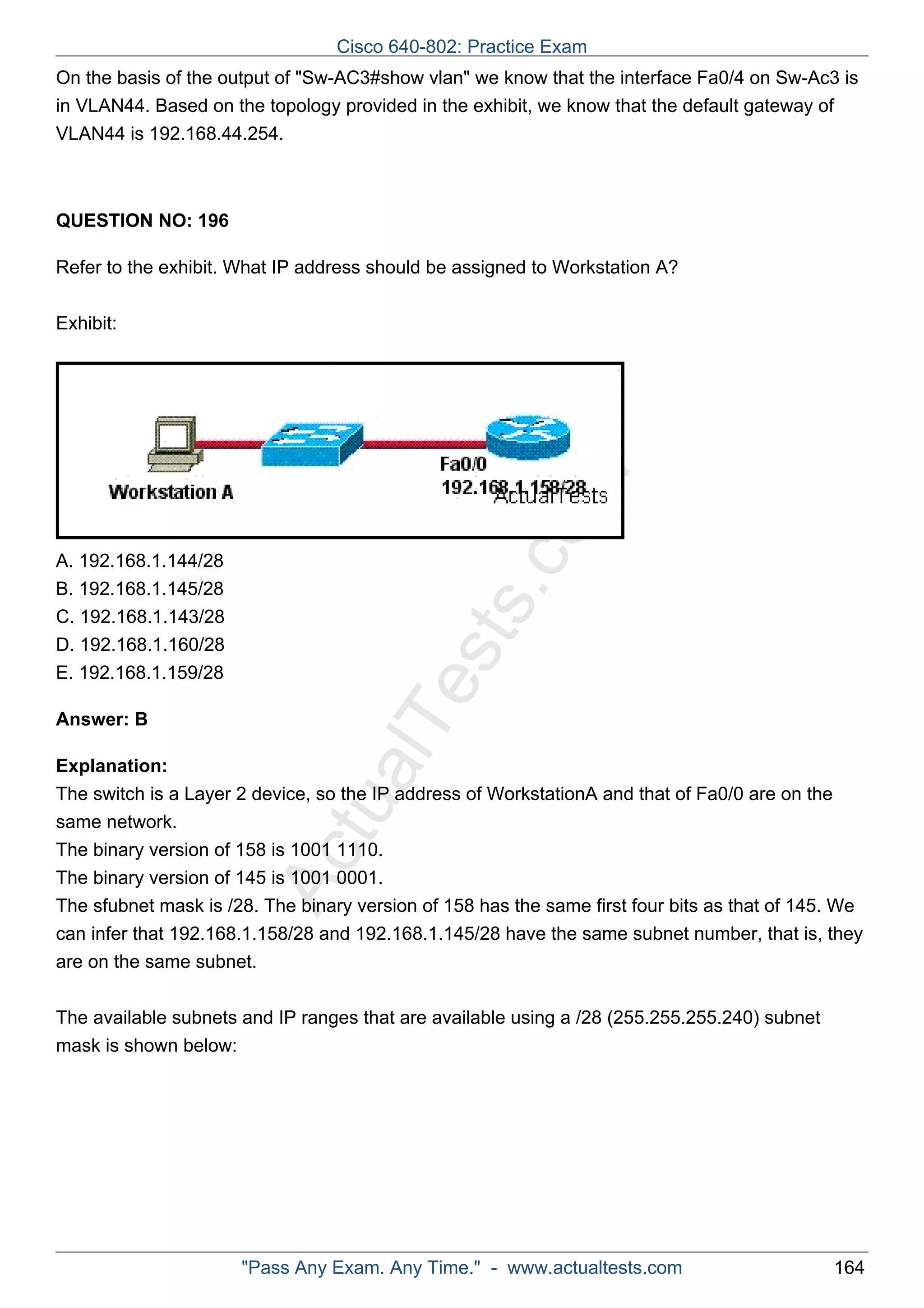 Cisco 640-802: Practice Exam 
On the basis of the output of "Sw-AC3#show vlan" we know that the interface Fa0/4 on Sw-Ac3 is 
in VLAN44. Based on the topology provided in the exhibit, we know that the default gateway of 
VLAN44 is 192.168.44.254. 
ActualTests.com 
QUESTION NO: 196 
Refer to the exhibit. What IP address should be assigned to Workstation A? 
Exhibit: 
A. 192.168.1.144/28 
B. 192.168.1.145/28 
C. 192.168.1.143/28 
D. 192.168.1.160/28 
E. 192.168.1.159/28 
Answer: B 
Explanation: 
The switch is a Layer 2 device, so the IP address of WorkstationA and that of Fa0/0 are on the 
same network. 
The binary version of 158 is 1001 1110. 
The binary version of 145 is 1001 0001. 
The sfubnet mask is /28. The binary version of 158 has the same first four bits as that of 145. We 
can infer that 192.168.1.158/28 and 192.168.1.145/28 have the same subnet number, that is, they 
are on the same subnet. 
The available subnets and IP ranges that are available using a /28 (255.255.255.240) subnet 
mask is shown below: 
"Pass Any Exam. Any Time." - www.actualtests.com 164 
 