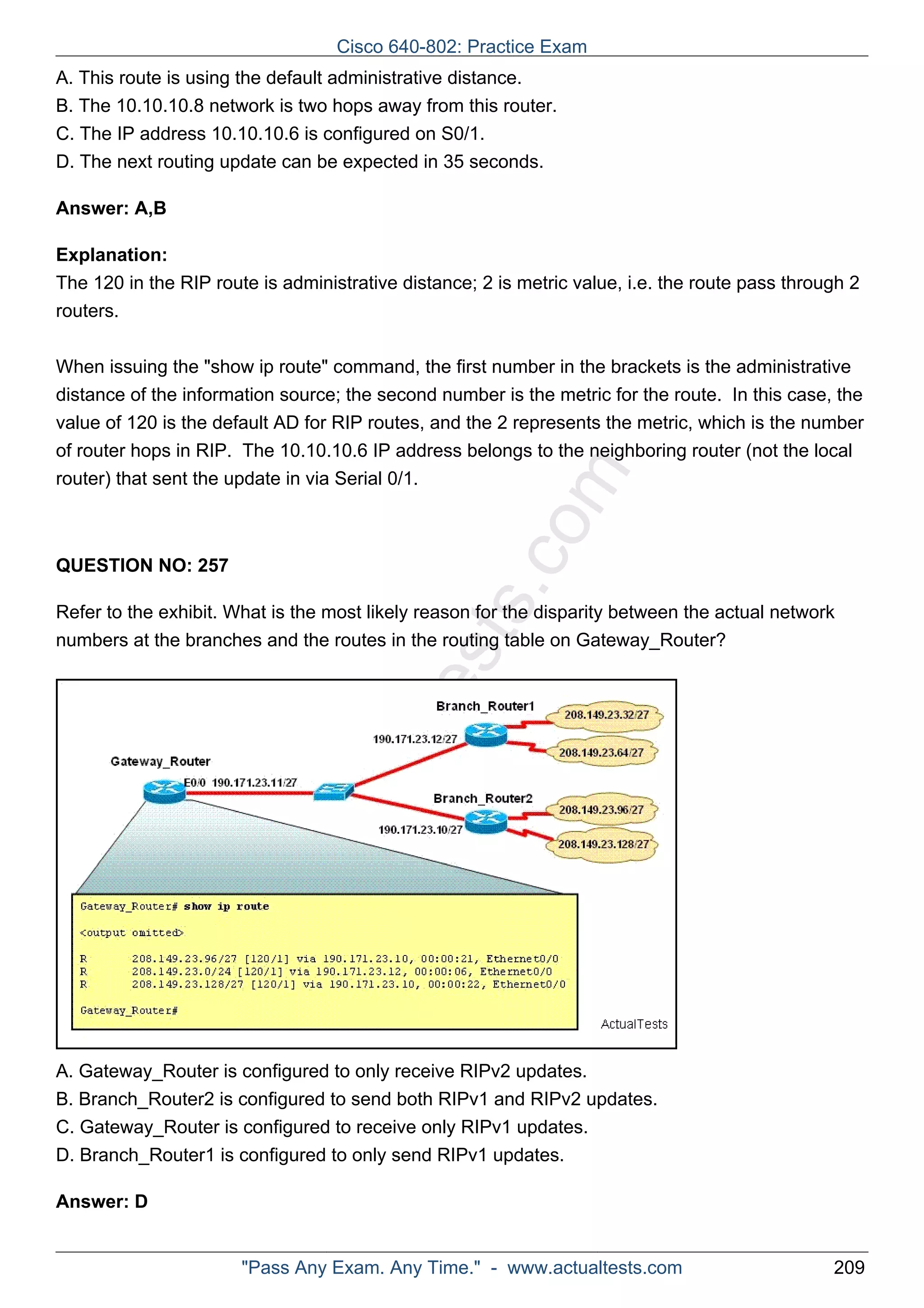 A. This route is using the default administrative distance. 
B. The 10.10.10.8 network is two hops away from this router. 
C. The IP address 10.10.10.6 is configured on S0/1. 
D. The next routing update can be expected in 35 seconds. 
ActualTests.com 
Answer: A,B 
Explanation: 
The 120 in the RIP route is administrative distance; 2 is metric value, i.e. the route pass through 2 
routers. 
When issuing the "show ip route" command, the first number in the brackets is the administrative 
distance of the information source; the second number is the metric for the route. In this case, the 
value of 120 is the default AD for RIP routes, and the 2 represents the metric, which is the number 
of router hops in RIP. The 10.10.10.6 IP address belongs to the neighboring router (not the local 
router) that sent the update in via Serial 0/1. 
QUESTION NO: 257 
Refer to the exhibit. What is the most likely reason for the disparity between the actual network 
numbers at the branches and the routes in the routing table on Gateway_Router? 
A. Gateway_Router is configured to only receive RIPv2 updates. 
B. Branch_Router2 is configured to send both RIPv1 and RIPv2 updates. 
C. Gateway_Router is configured to receive only RIPv1 updates. 
D. Branch_Router1 is configured to only send RIPv1 updates. 
Answer: D 
Cisco 640-802: Practice Exam 
"Pass Any Exam. Any Time." - www.actualtests.com 209 
 