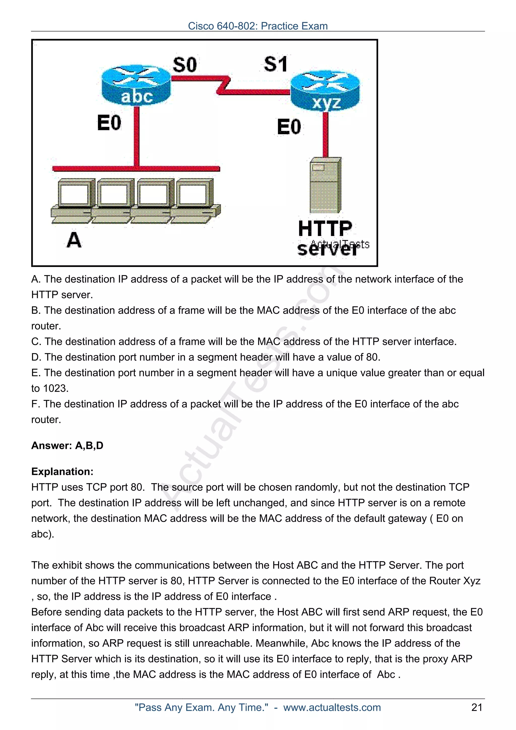 Cisco 640-802: Practice Exam 
ActualTests.comA. The destination IP address of a packet will be the IP address of the network interface of the 
HTTP server. 
B. The destination address of a frame will be the MAC address of the E0 interface of the abc 
router. 
C. The destination address of a frame will be the MAC address of the HTTP server interface. 
D. The destination port number in a segment header will have a value of 80. 
E. The destination port number in a segment header will have a unique value greater than or equal 
to 1023. 
F. The destination IP address of a packet will be the IP address of the E0 interface of the abc 
router. 
Answer: A,B,D 
Explanation: 
HTTP uses TCP port 80. The source port will be chosen randomly, but not the destination TCP 
port. The destination IP address will be left unchanged, and since HTTP server is on a remote 
network, the destination MAC address will be the MAC address of the default gateway ( E0 on 
abc). 
The exhibit shows the communications between the Host ABC and the HTTP Server. The port 
number of the HTTP server is 80, HTTP Server is connected to the E0 interface of the Router Xyz 
, so, the IP address is the IP address of E0 interface . 
Before sending data packets to the HTTP server, the Host ABC will first send ARP request, the E0 
interface of Abc will receive this broadcast ARP information, but it will not forward this broadcast 
information, so ARP request is still unreachable. Meanwhile, Abc knows the IP address of the 
HTTP Server which is its destination, so it will use its E0 interface to reply, that is the proxy ARP 
reply, at this time ,the MAC address is the MAC address of E0 interface of Abc . 
"Pass Any Exam. Any Time." - www.actualtests.com 21 
 