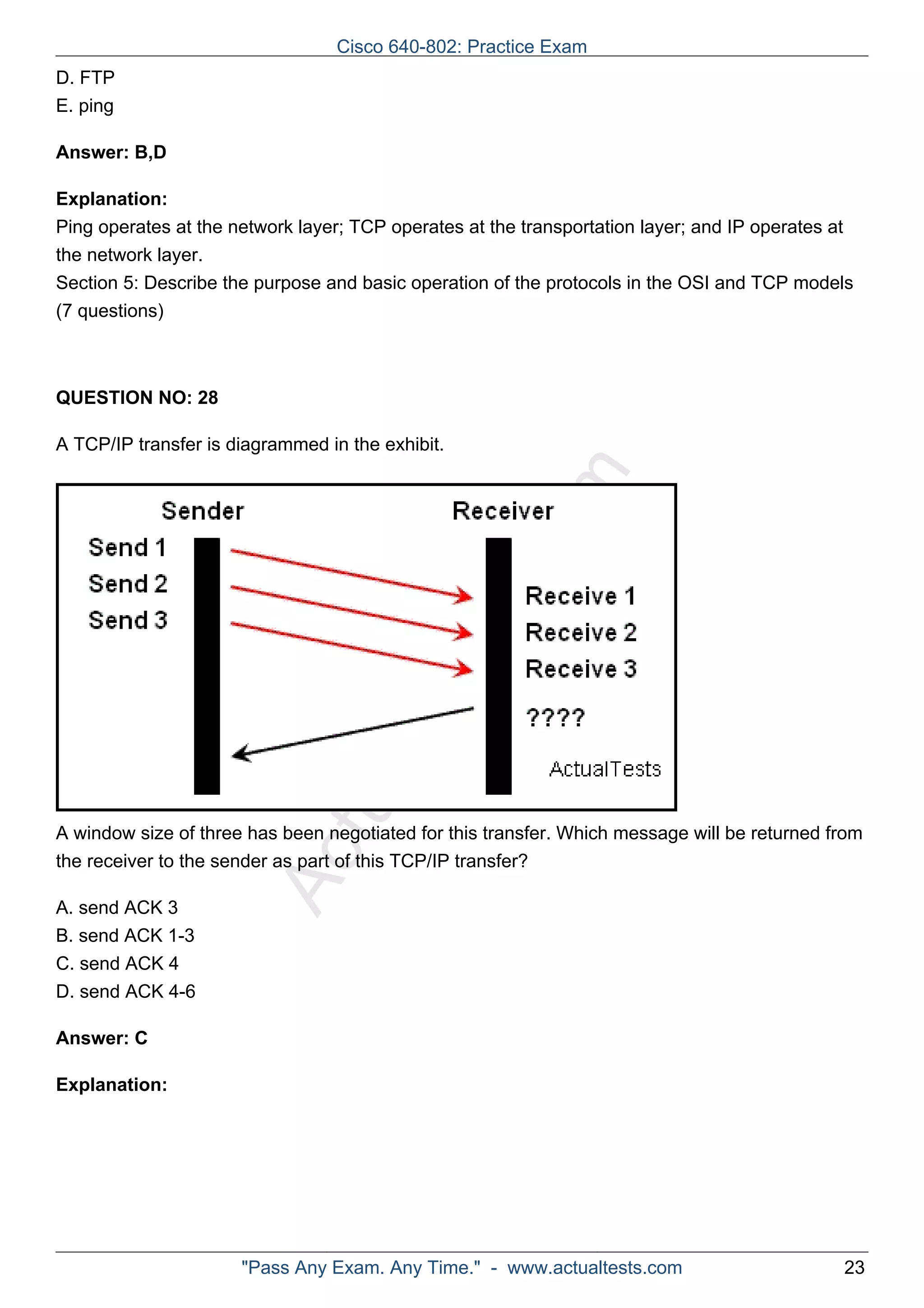 ActualTests.com 
D. FTP 
E. ping 
Answer: B,D 
Explanation: 
Ping operates at the network layer; TCP operates at the transportation layer; and IP operates at 
the network layer. 
Section 5: Describe the purpose and basic operation of the protocols in the OSI and TCP models 
(7 questions) 
QUESTION NO: 28 
A TCP/IP transfer is diagrammed in the exhibit. 
A window size of three has been negotiated for this transfer. Which message will be returned from 
the receiver to the sender as part of this TCP/IP transfer? 
A. send ACK 3 
B. send ACK 1-3 
C. send ACK 4 
D. send ACK 4-6 
Answer: C 
Explanation: 
Cisco 640-802: Practice Exam 
"Pass Any Exam. Any Time." - www.actualtests.com 23 
 